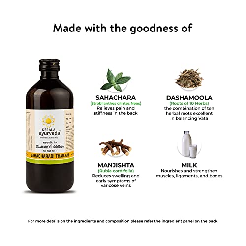 Kerala Ayurveda Sahacharadi Thailam 450ml| Back pain oil | Massage Oil | Relief from Back pain and sciatica | With Sahachara, Dashmoola, Manjistha | Sesame Oil Base | Ayurvedic Herbal formulation